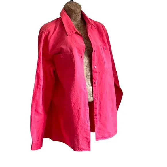 Vintage Pink Button-Up Linen Blend Shirt with Collared Neck & Chest Pockets - Picture 11 of 11